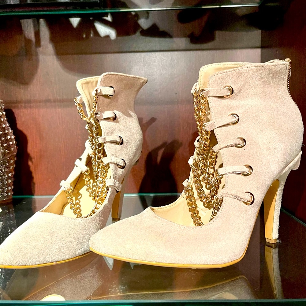Nude Suede Gold Chain Booties